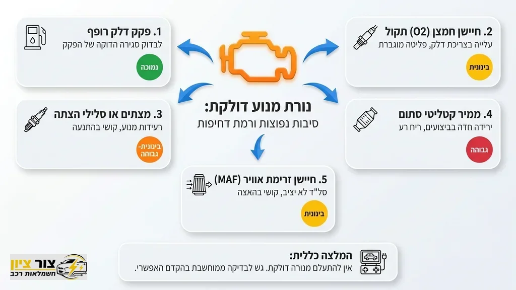 נורת מנוע דולקת בלוח המכוונים של הרכב