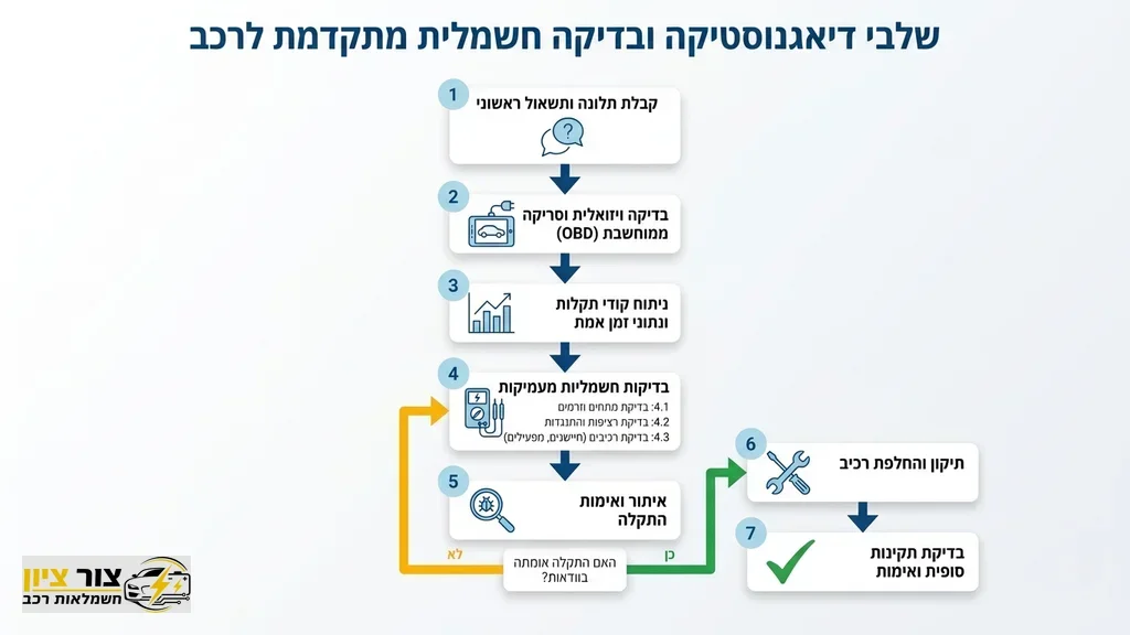 חשמלאי רכב מבצע דיאגנוסטיקה עם סורק תקלות מתקדם